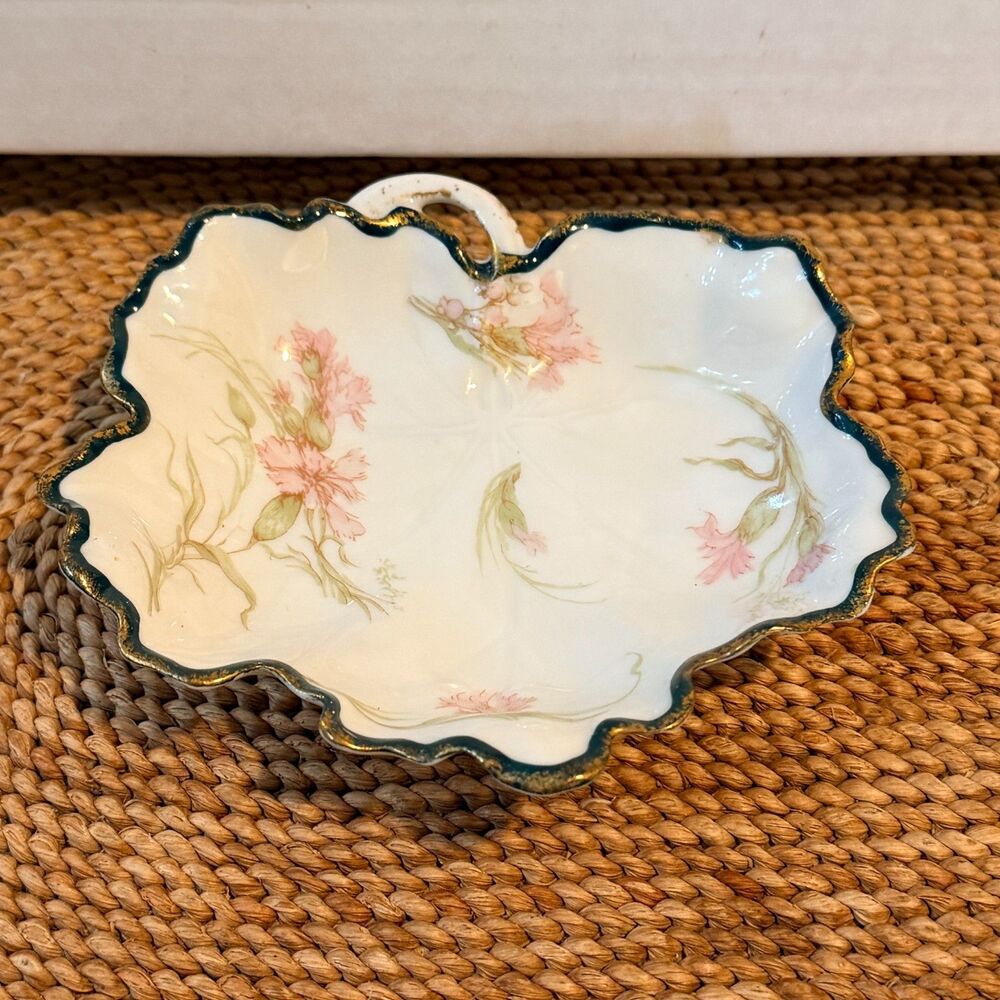 Haviland & Co Limoges France Leaf Dish Pink Flowers Green Gold Antique